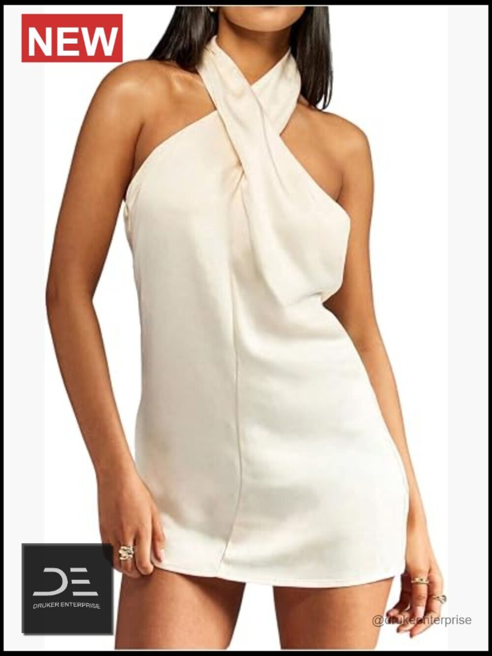 Satin Halter Dress Tie Backless Criss Cross Mini Cocktail Party Dress